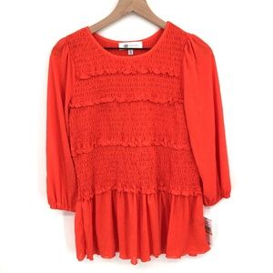 NEW Fever stretch Smocked Peasant Blouse top ruffle casual orange Red S women's